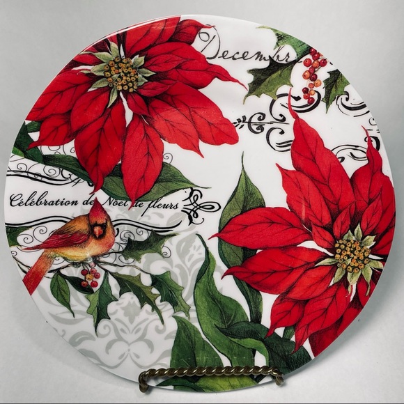 Poinsettia cardinal Christmas melamine salad plates set of 4 - Picture 1 of 6